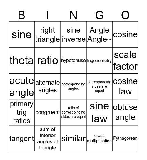 Trigonometry etc. Bingo Card