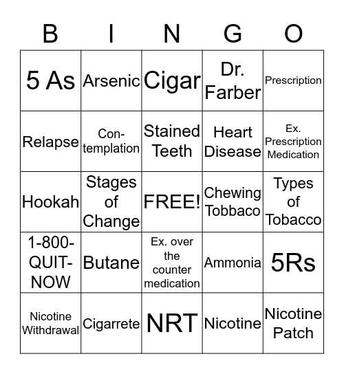 Smoking Cessation  Bingo Card