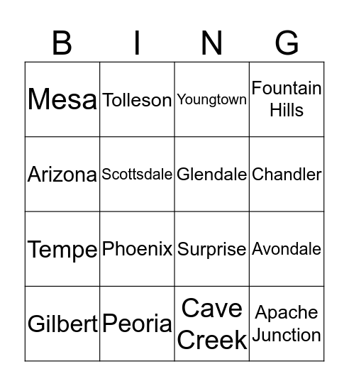 Metropolitan Cities for Arizona Bingo Card