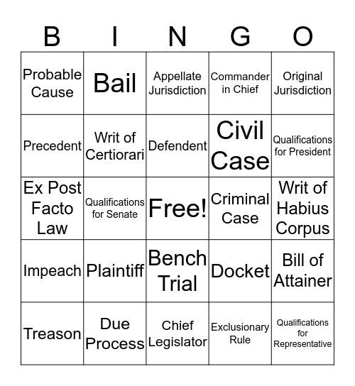 Government / Judicial Branch Bingo Card