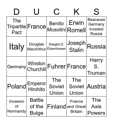 Ducksters Test 5 Bingo Card