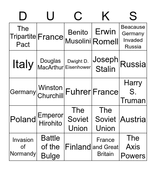 Ducksters Test 5 Bingo Card
