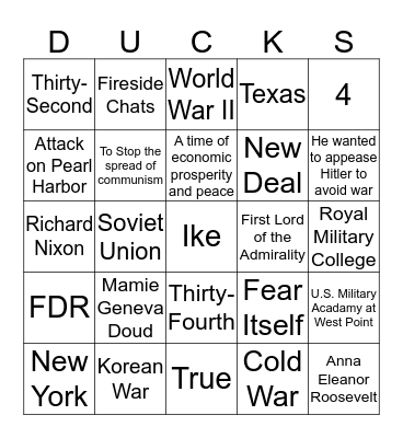 Ducksters Test 8 Bingo Card