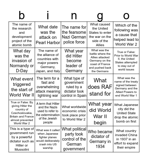 test 4 Bingo Card