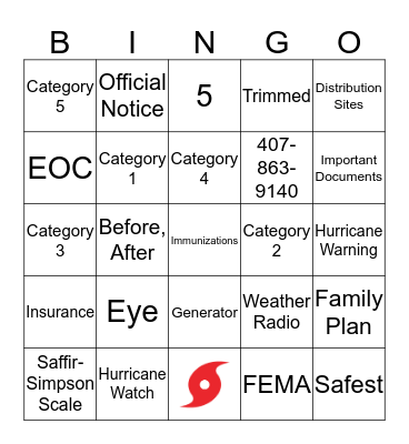 HURRICANE PREPAREDNESS BINGO Card