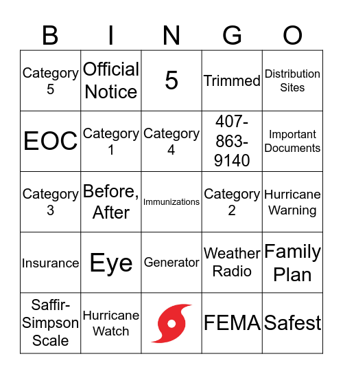 HURRICANE PREPAREDNESS BINGO Card