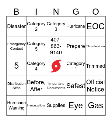 HURRICANE PREPAREDNESS BINGO Card