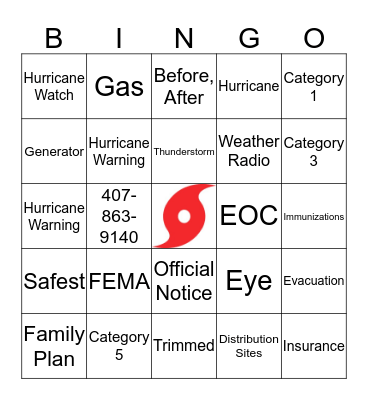 HURRICANE PREPAREDNESS BINGO Card