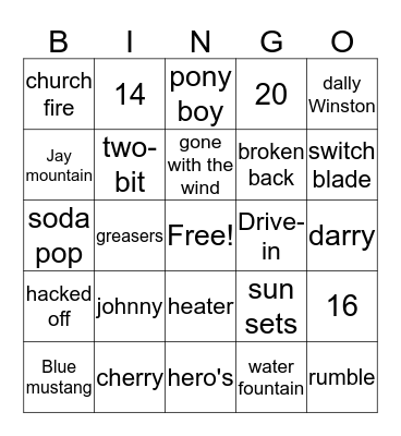 the OutSiders Bingo Card