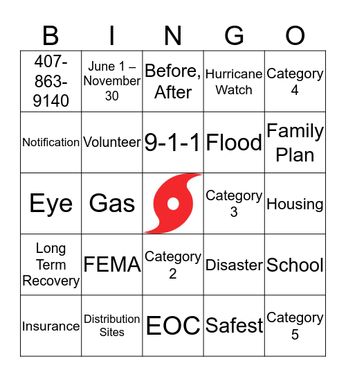 HURRICANE PREPAREDNESS BINGO Card