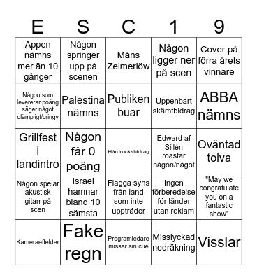 Eurovision 2019 Bingo Card