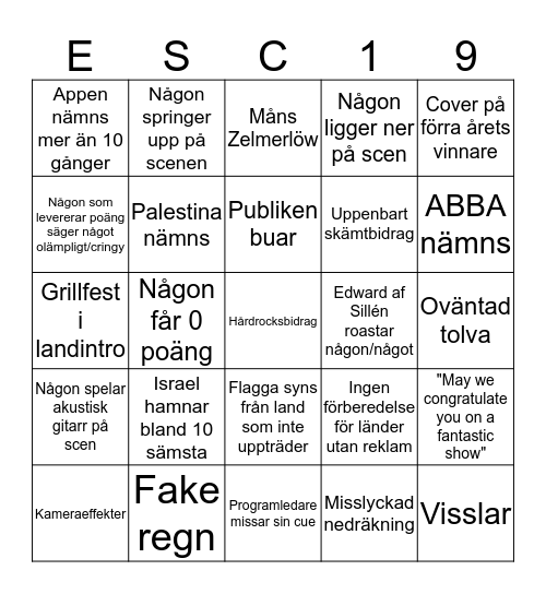 Eurovision 2019 Bingo Card