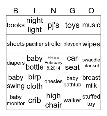 Kristins' Baby Shower Bingo Card