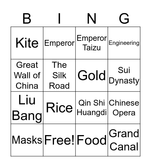 Chinese History Bingo Card