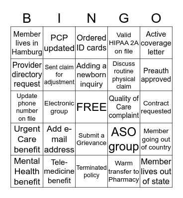 Member Service BINGO Card
