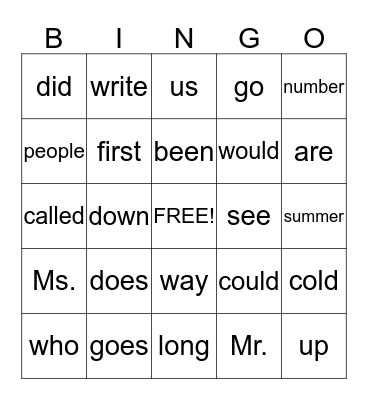Sight Word Bingo Card