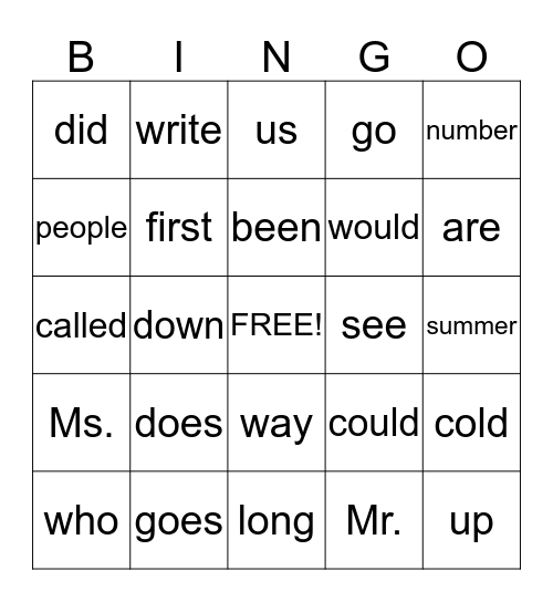 Sight Word Bingo Card