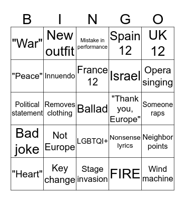 EUROVISION EXTRAVAGANZA Bingo Card