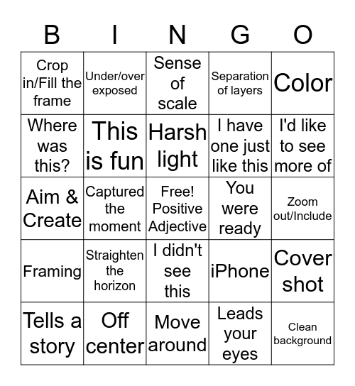 Photo Critique Bingo! Bingo Card