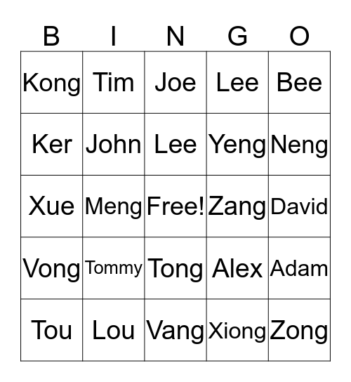 Boy Names Bingo Card