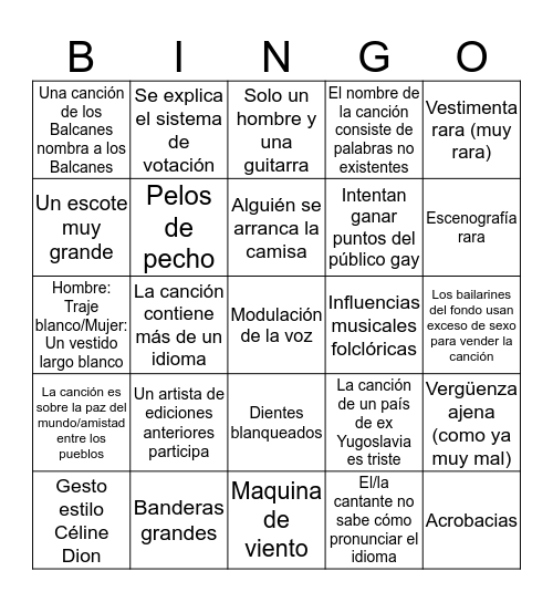 EUROVISION 2019 Bingo Card