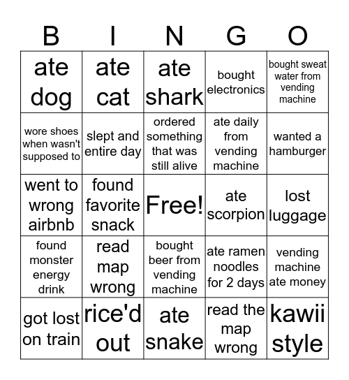 Anthony travels to Japan Bingo Card