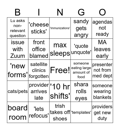 UIHS staff meeting Bingo Card