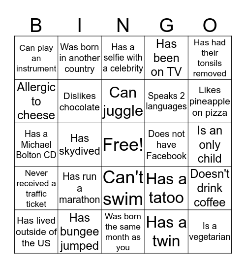 TA Human Bingo Card