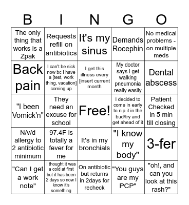 Urgent Care Bingo Card