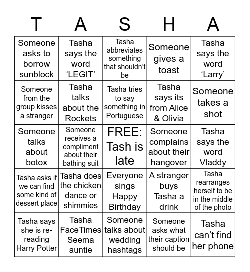 TASHA BINGO Card