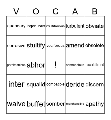 Vocabulary Review Bingo Card