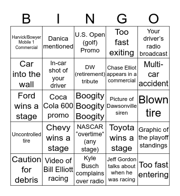 NASCAR All Star Race Bingo Card