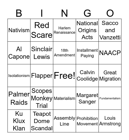 APUSH Roaring 1920s Bingo Card