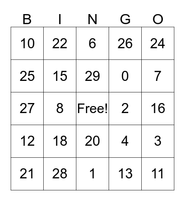 Number Bingo Card