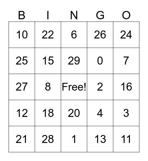 Number Bingo Card