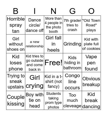 8th Grade Dance Bingo Card