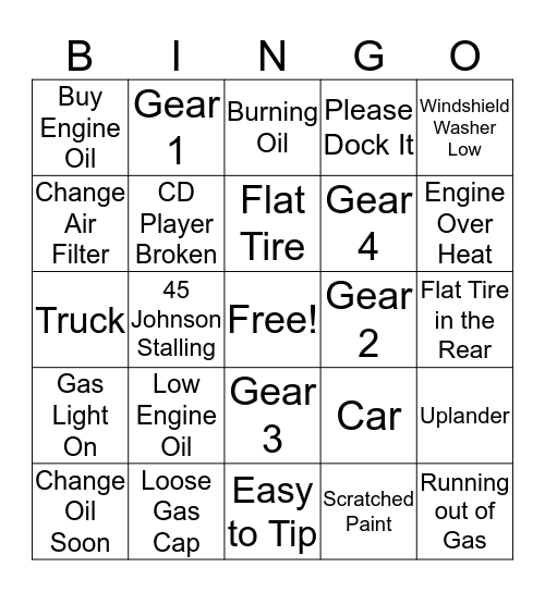 Car Symbols Bingo Card