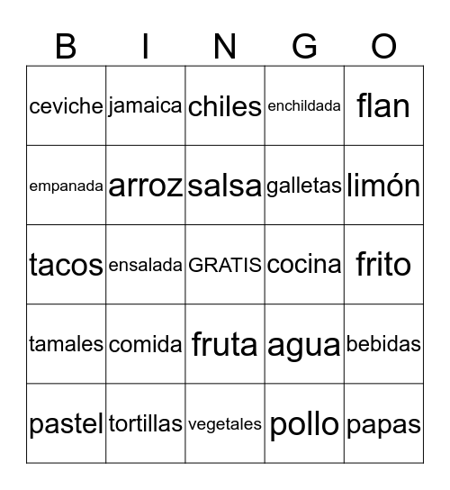 BINGO - comida Bingo Card