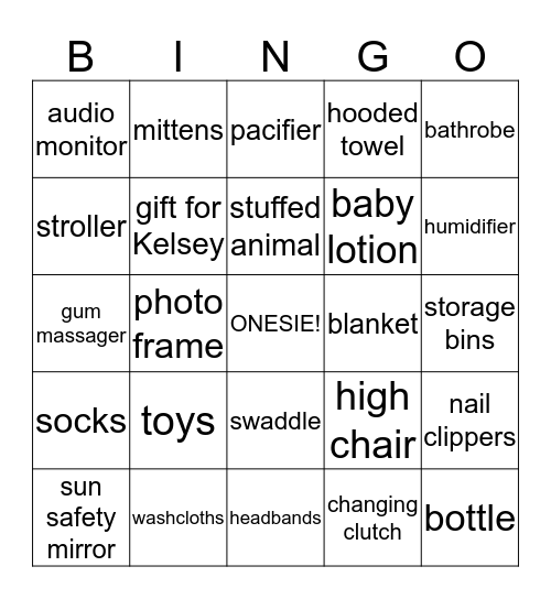 Kelsey's Baby Shower Bingo Card