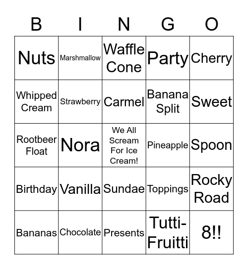 Ice Cream Bingo!! Bingo Card