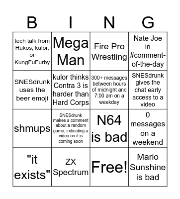 SNESdrunk discord Bingo Card
