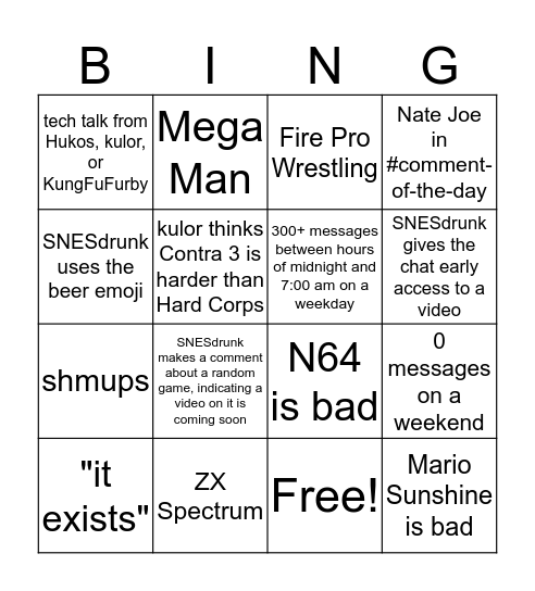 SNESdrunk discord Bingo Card