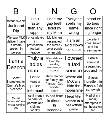 McCall Family Bingo Card