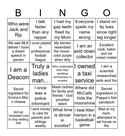 McCall Family Bingo Card
