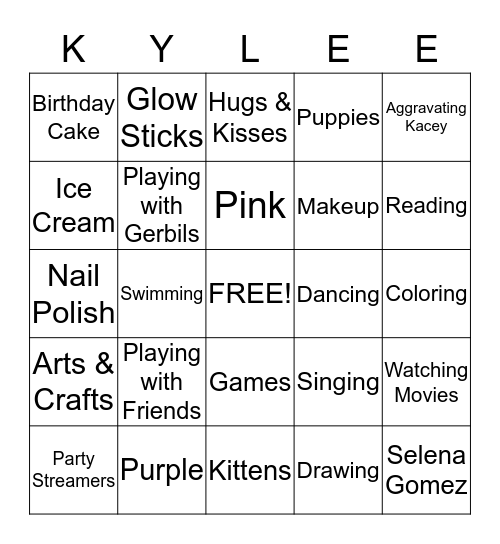 Kylee's Birthday Bingo Card