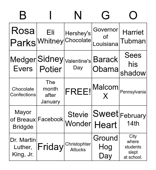 Enrichment February Seventh Bingo Card