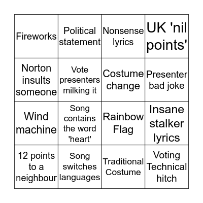 Eurovision Bingo Card