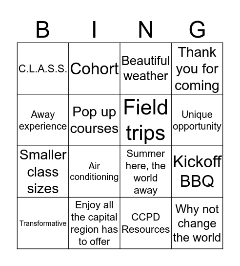 Arch Orientation Bingo Card