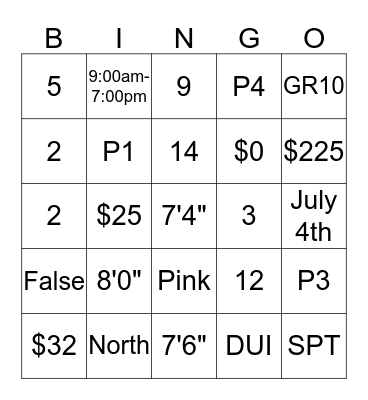 Summer Parking Bingo Card