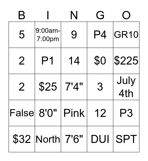 Summer Parking Bingo Card